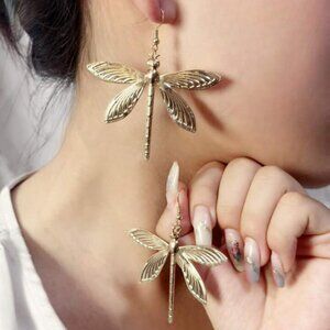 Women's Gold Metal Dragonfly Hanging Dangling Earrings